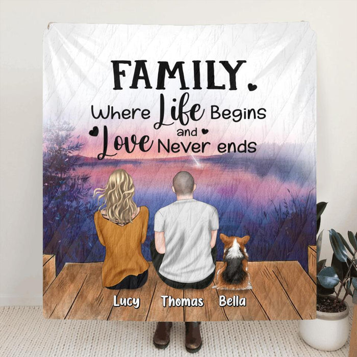 Custom Personalized Pet Family Quilt/Fleece Blanket - Upto 4 Dogs/Cats - Gift Idea For Dog/Cat Lover/Father's Day/Mother's Day - Family Where Life Begins And Love Never Ends