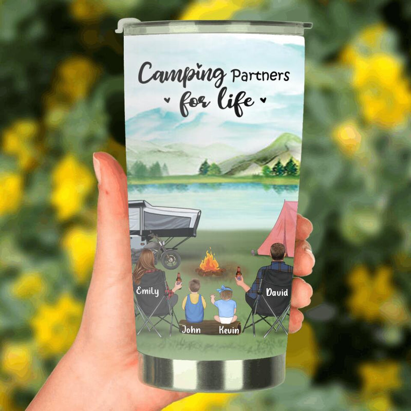 Personalized Camping Tumbler Gift For Whole Family, Camping Lovers - Parents 2 Kids & 2 Pets - Camping Partners For Life
