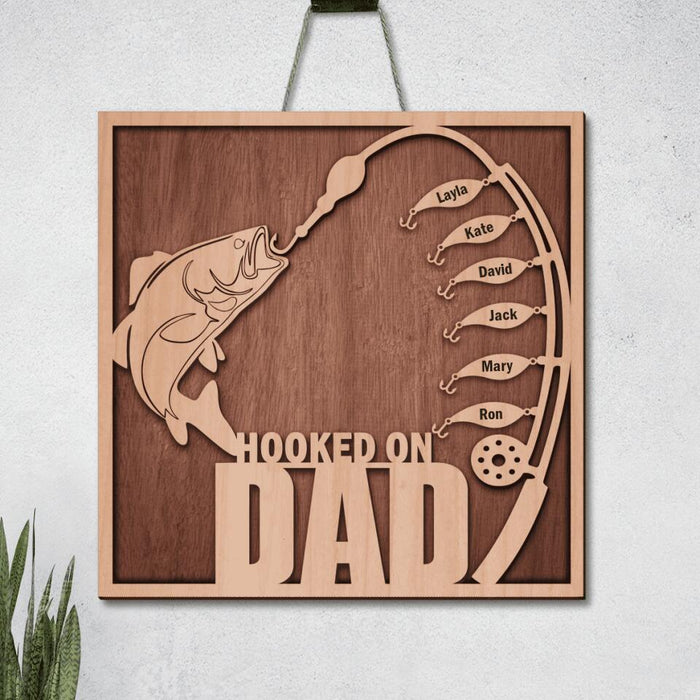 Custom Personalized Hooked On Dad Square 
 Wooden  Sign - Gift Idea From Kids to Dad with 6 Kids - Happy Father's Day 2023