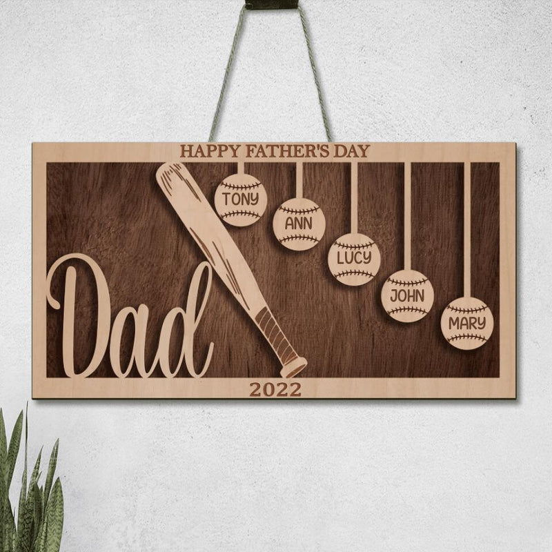 Personalized Baseball Rectangle Wooden Sign - Gift Idea From Kid To Father with up to 5 Kids - Father's Day Gift