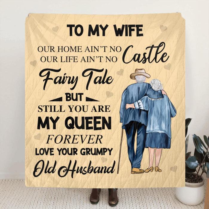 Custom Personalized Old Couple Quilt/Single Layer Fleece Blanket/Pillow Cover - Gift Idea For Father's Day/Old Couple - To My Wife, You Are My Queen