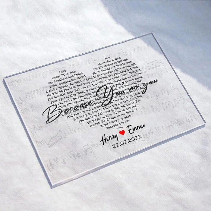 Personalized Song Lyrics Acrylic Plaque - Gift Idea For Couple - Gift For Him/Her - Because You're You