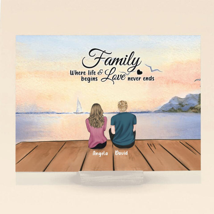 Personalized Family Acrylic Plaque - Couple/Parents With Up to 2 Kids And 4 Pets - Gift Idea For Family/Dog/Cat Lover - Family Where Life Begins And Love Never Ends