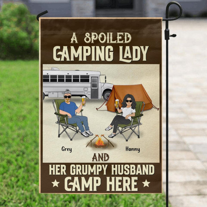 Custom Personalized Couple Camping Flag Sign - Couple With Up to 4 Pets - Gift Idea For Camping/ Dog/ Cat Lover - A Spoiled Camping Lady And Her Grumpy Husband Camp Here