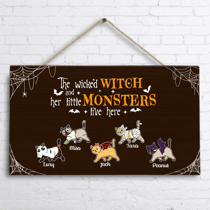 Personalized Halloween Cats Door Sign - Up to 5 Cats - The Wicked Witch And Her Little Monsters Live Here