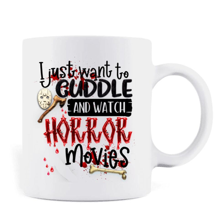 Custom Personalized Cuddle And Watch Horror Movies Coffee Mug - Halloween Gift For Girls