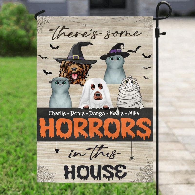 Personalized Halloween Flag Sign - Gift Idea For Halloween/Pet Lover with up to 5 Pets - There's Some Horrors In This House
