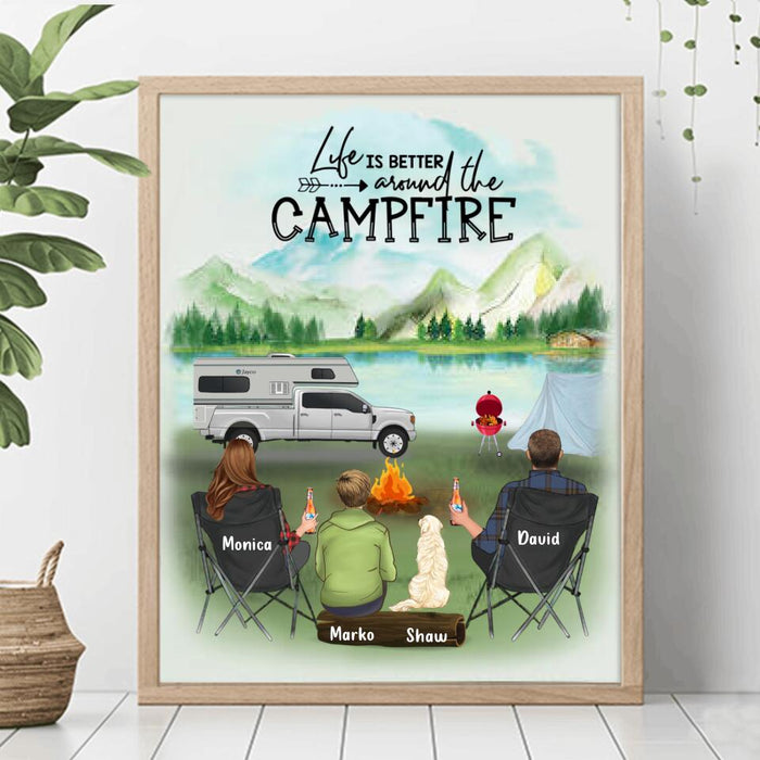 Personalized Camping Family Poster - Best personalized gift for the whole family, camping lovers - Parents with 1 Teen And 1 Pet - Life Is Better Around The Campfire