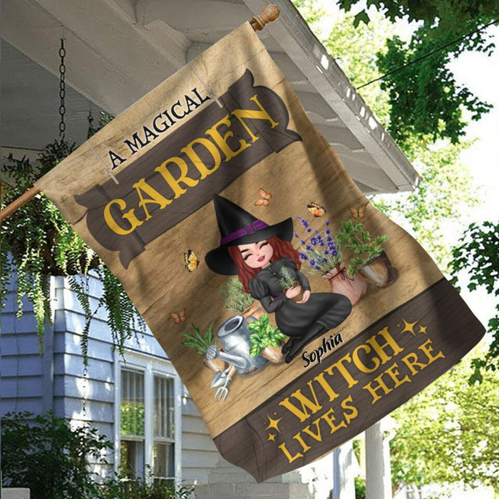 Custom Personalized Garden Witch Flag Sign - Gift Idea For Halloween/Wiccan Decor/Pagan Decor - A Magical Garden Witch Lives Here