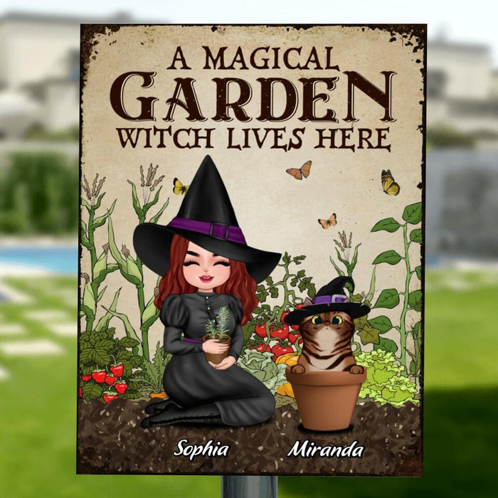 Personalized Garden Witch Metal Sign - Up to 5 Cats - Halloween Gift Idea For Cat Lovers/Wiccan Decor/Pagan Decor - A Magical Garden Witch Lives Here