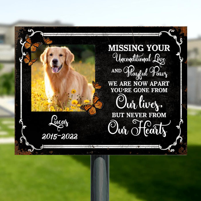 Custom Dog Photo Horizontal Metal Sign - Memorial Gift Idea For Dog Lover - You're Gone From Our Lives, But Never From Our Hearts