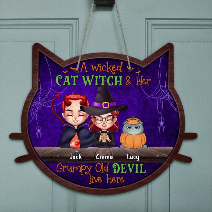Personalized Halloween Couple Wooden Sign - Up to 6 Cats - Halloween Gift For Couple/Cat Lovers/Wiccan Decor/Pagan Decor - A Wicked Cat Witch And Her Grumpy Old Devil Live Here