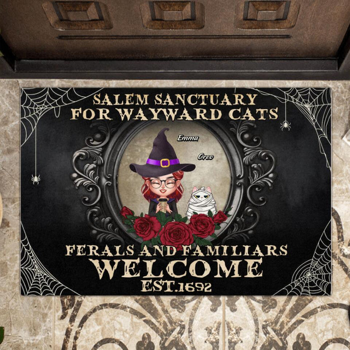 Personalized Halloween Cat Mom Doormat - Up to 5 Cats - Halloween Gift For Cat Lovers/Wiccan Decor/Pagan Decor - Salem Sanctuary For Wayward Cats