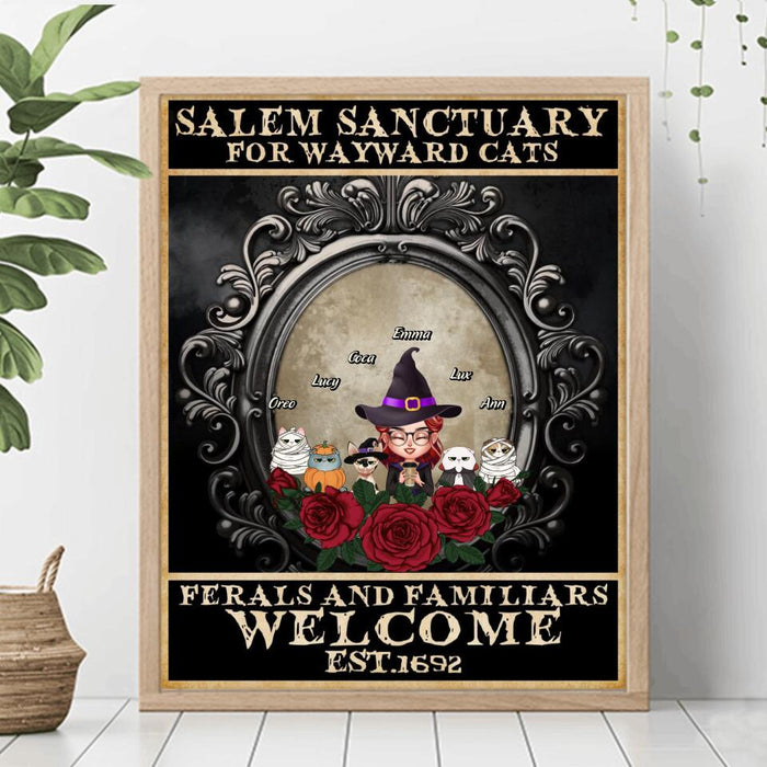 Personalized Halloween Cat Mom Poster - Up to 5 Cats - Halloween Gift For Cat Lovers/Wiccan Decor/Pagan Decor - Salem Sanctuary For Wayward Cats