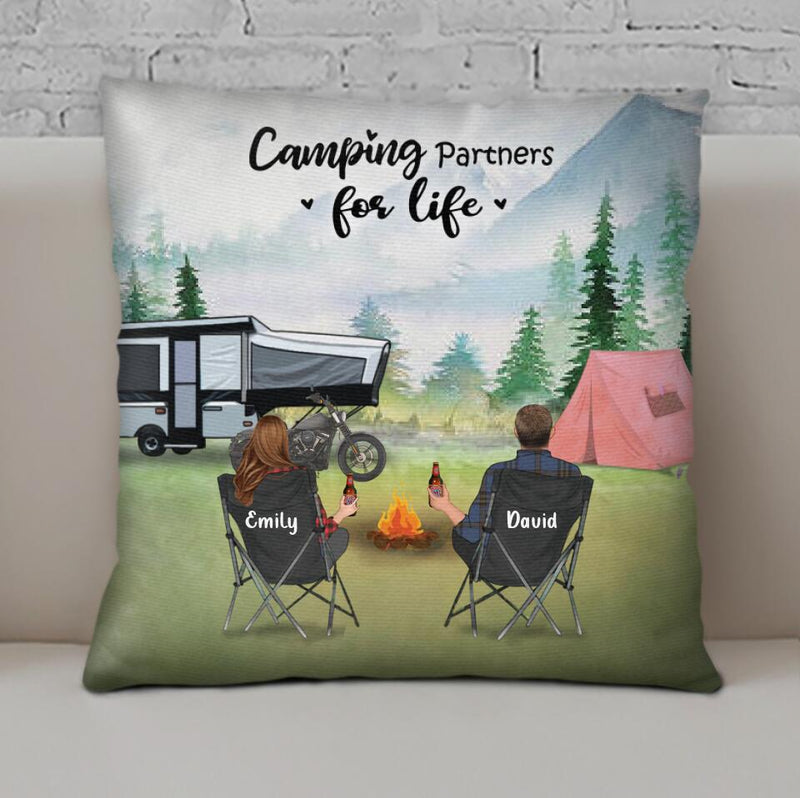 Personalized Camping Throw Pillow Cover - Couple With Up to 5 Pets - Camping Partners For Life