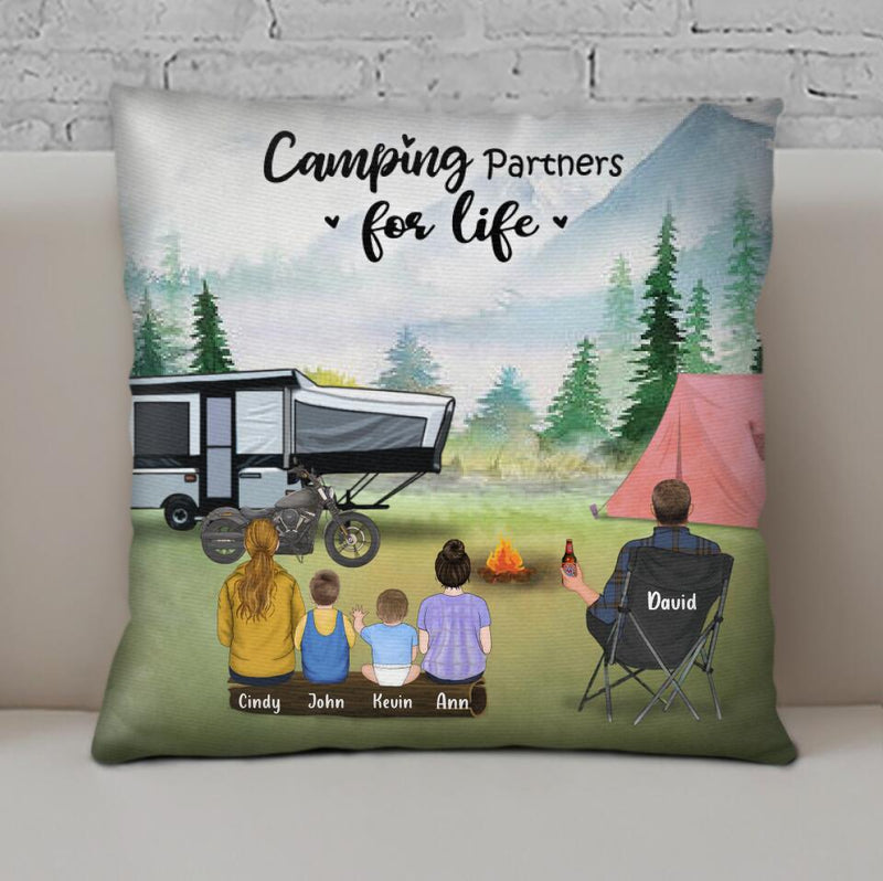 Personalized Camping Throw Pillow Cover - Single Mom/Dad with up to 4 Children and 2 Pets - Gift For Father's Day, Camping Lovers - Camping Partners For Life