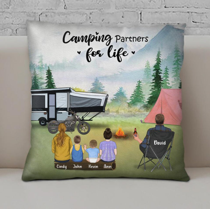 Custom Personalized Camping Throw Pillow Cover - Single Mom/Dad with upto 4 Children and 2 Pets - Gift For Father's Day, Camping Lovers - Camping Partners For Life