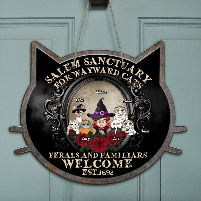 Personalized Halloween Cat Mom Door Sign - Up to 6 Cats - Halloween Gift For Cat Lovers/Wiccan Decor/Pagan Decor - Salem Sanctuary For Wayward Cats