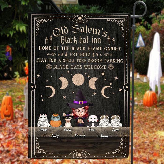 Personalized Halloween Cat Mom Flag Sign - Up to 6 Cats - Halloween Gift For Cat Lovers/Wiccan Decor/Pagan Decor - Old Salem's Black Hat Inn Home of The Black Flame Candle est.1692