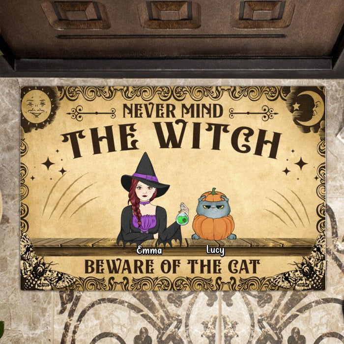 Personalized Cat Witch Doormat - Up to 6 Cats - Halloween Gift For Cat Lover/Wiccan Decor/Pagan Decor - Never Mind The Witch Beware Of The Cats
