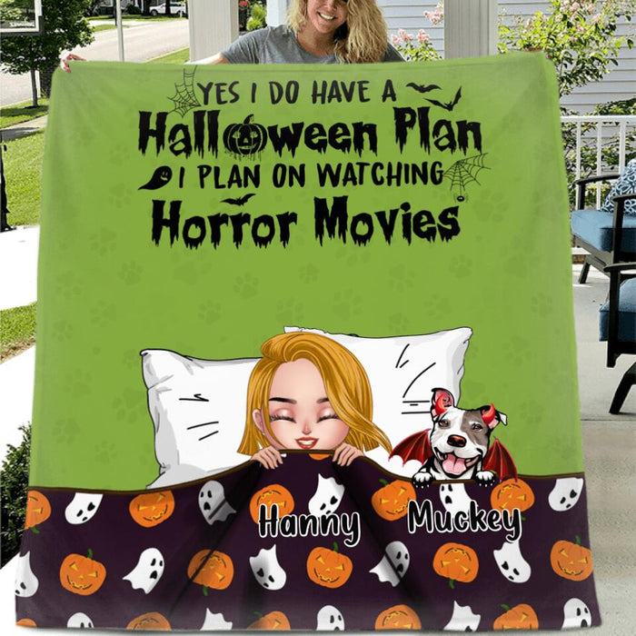 Personalized Sleeping Girl Pillow Cover & Fleece/Quilt Blanket - Halloween Gift For Girl/Dog, Cat Lover With Up to 6 Pets - Yes I Do Have A Halloween Plan