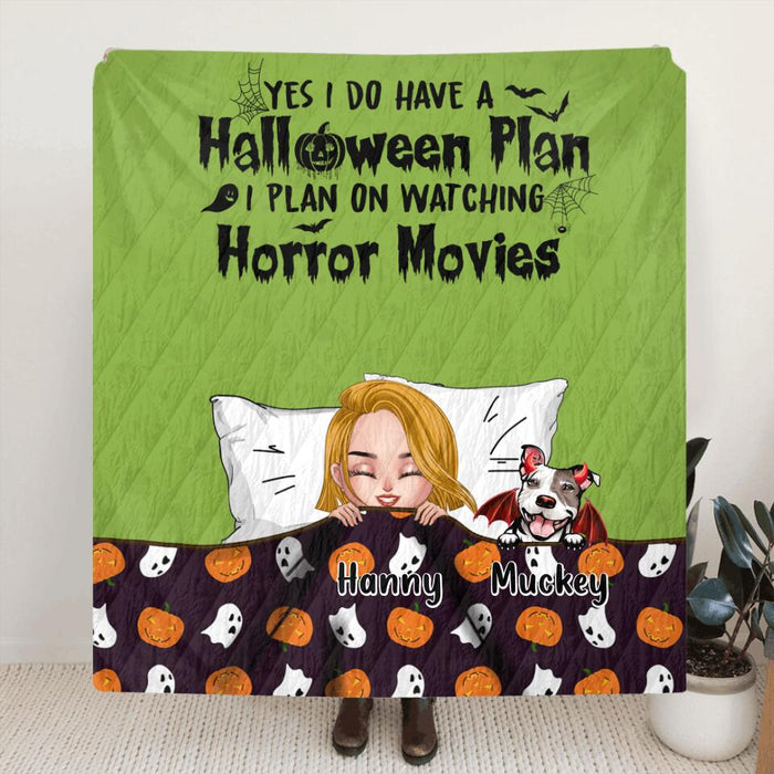 Personalized Sleeping Girl Pillow Cover & Fleece/Quilt Blanket - Halloween Gift For Girl/Dog, Cat Lover With Up to 6 Pets - Yes I Do Have A Halloween Plan