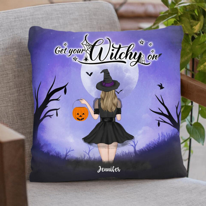 Custom Personalized Halloween Pillow Cover - Gift For Friends, Cat Lovers/ Wiccan Decor - Up to 4 Girls and 3 Cats - Get Your Witchy on
