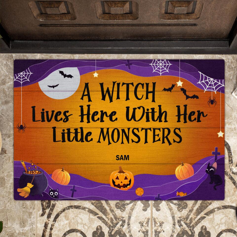 Personalized Pumpkin Doormat - Gift For Halloween/Wiccan Decor/Pagan Decor with up to 5 Pumpkins - A Witch Lives Here With Her Little Monsters