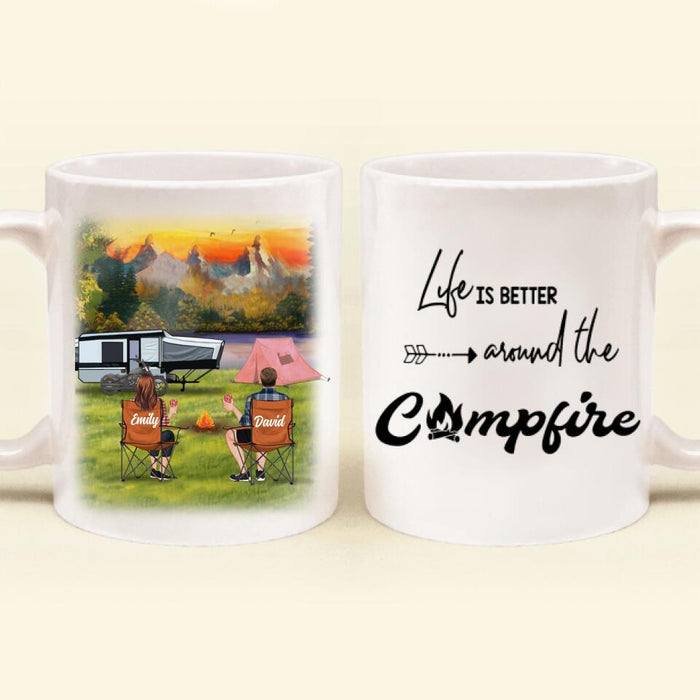 Custom Personalized New Camping Coffee Mug - Couple/ Parents With Upto 2 Kids And 3 Pets - Gift For Camping Lover - Life Is Better Around The Campfire