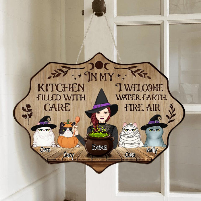 Personalized Cat Witch Wooden Sign - Up to 4 Cats - Halloween Gift Idea For Friends/Sisters/Wiccan Decor/Pagan Decor - In My Kitchen Filled With Care I Welcome Water Earth Fire Air