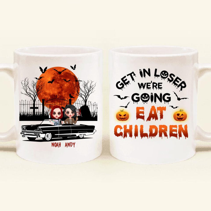 Personalized Horror Besties Coffee Mug - Halloween Gift Idea For Friends/Sisters - Up to 4 Girls - Get In Loser We’re Going Eat Children