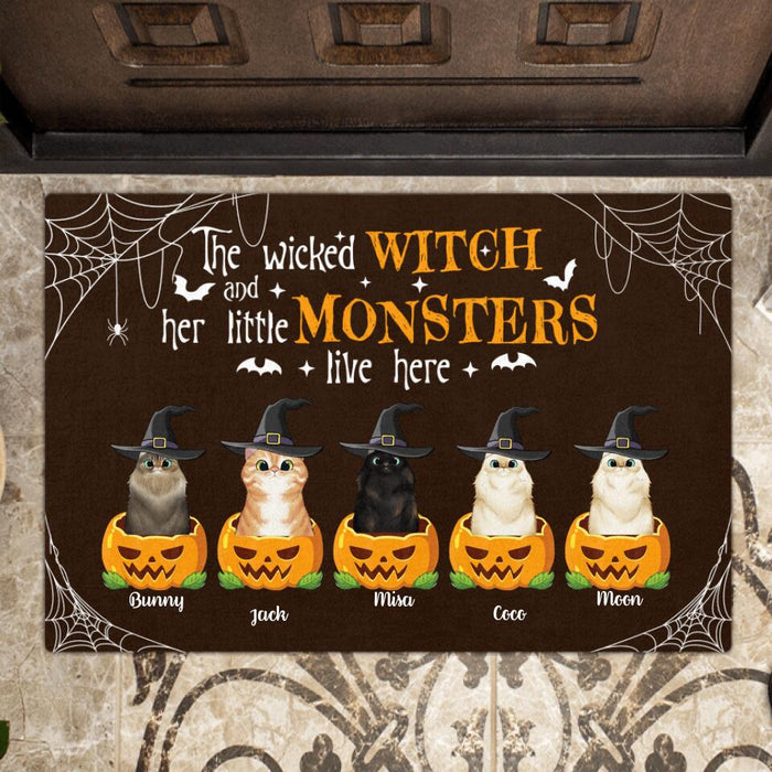 Personalized Halloween Cats Face Doormat - Up to 5 Cats - The Wicked Witch And Her Little Monsters Live Here