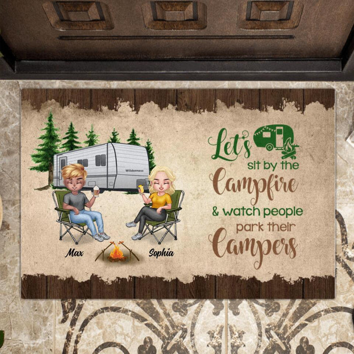 Custom Personalized Couple Camping Doormat - Let's Sit By The Campfire And Watch People Park Their Campers