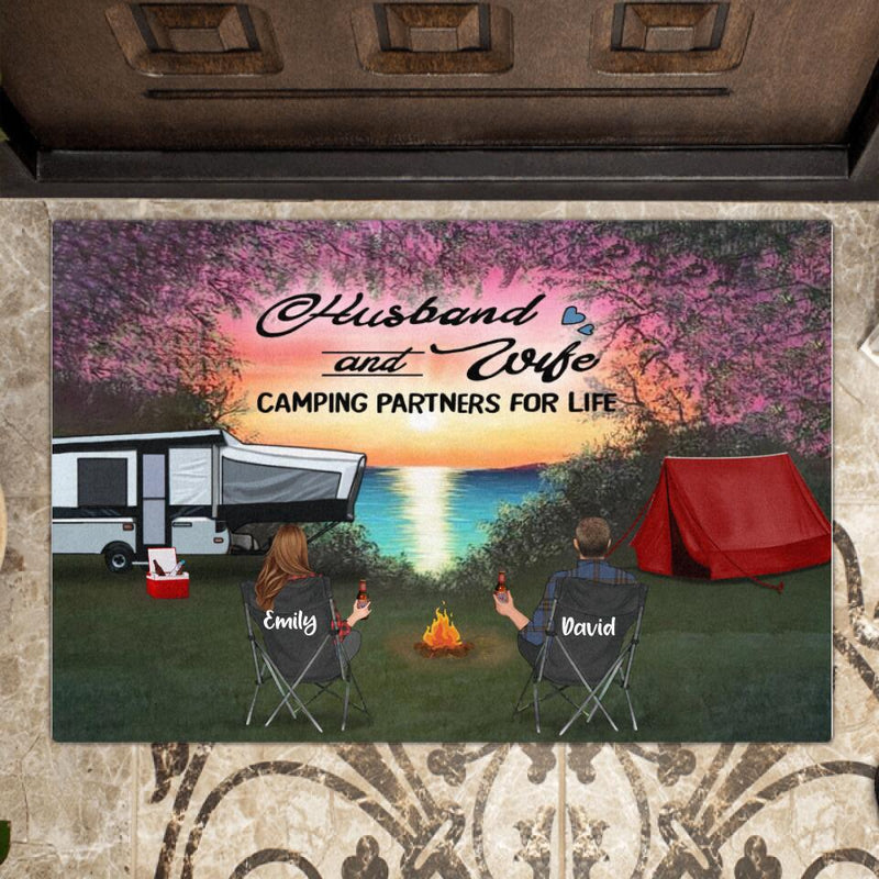 Personalized Camping Doormat - Couple/Single Parent With Up to 3 Kids And 4 Pets - Gift Idea For Camping Lover - Husband And Wife Camping Partners For Life