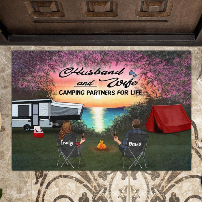 Custom Personalized Camping Doormat - Couple/ Single Parent/ Adult With Upto 3 Kids And 4 Pets - Gift Idea For Camping Lover - Husband And Wife Camping Partners For Life