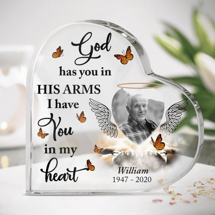 Custom Personalized Photo Memorial Crystal Heart - Memorial Gift Idea For Family's Member/ Father's Day - God Has You In His Arms I Have You In My Heart