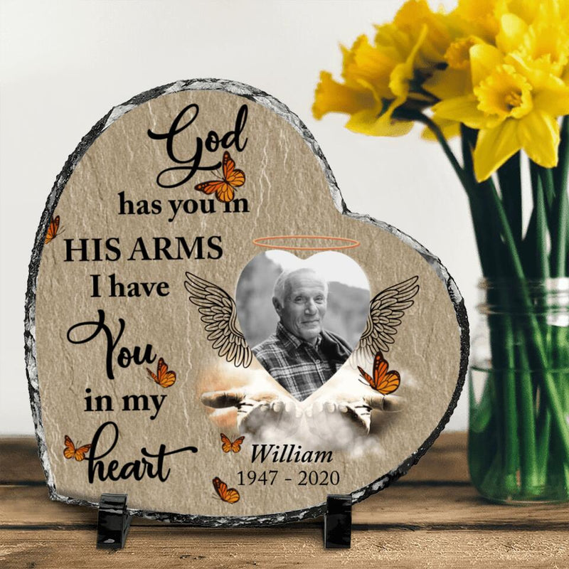 Personalized Photo Memorial Heart Lithograph - Memorial Gift Idea For Family's Member/Father's Day - God Has You In His Arms, I Have You In My Heart
