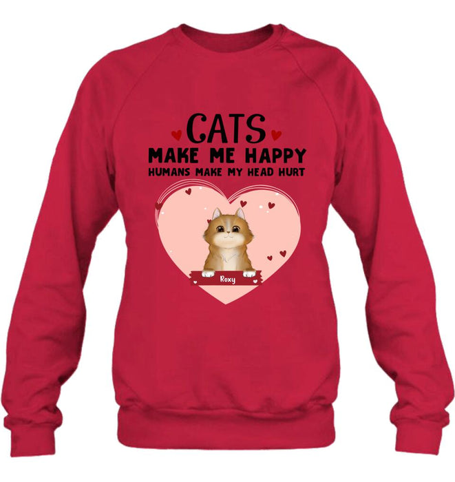 Custom Personalized Cat Shirt/ Pullover Hoodie - Upto 9 Cats - Gift Idea For Cat Lover - Cats Make Me Happy Humans Make My Head Hurt