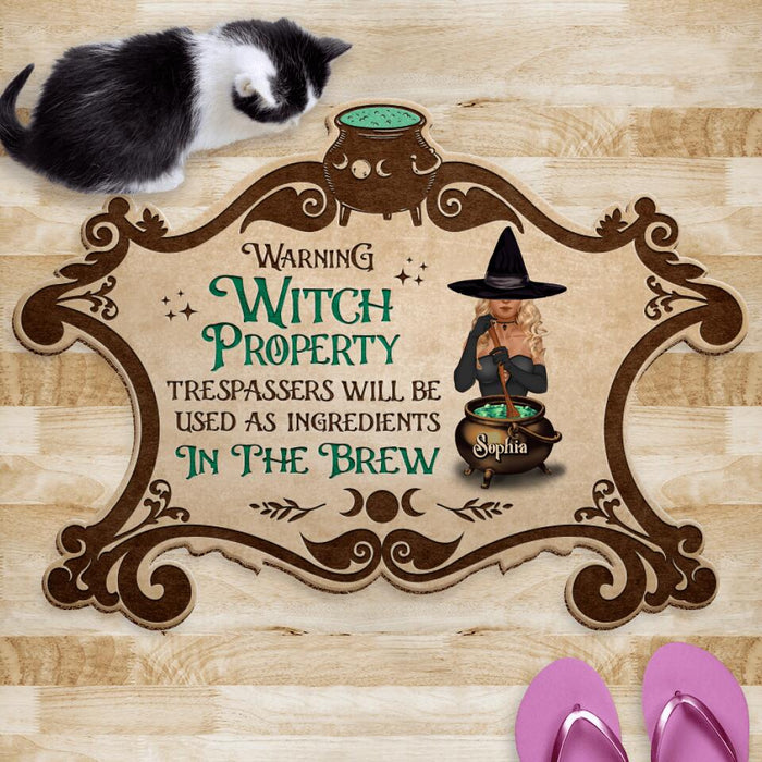 Custom Personalized Witch Property Doormat - Gift Idea For Halloween/Home Decor - Warning Witch Property Trespassers Will Be Used As Ingredients In The Brew