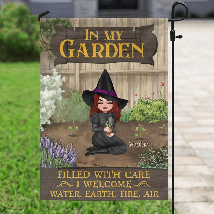 Custom Personalized Garden Witch Flag Sign - Gift Idea For Halloween/Wiccan Decor/Pagan Decor - In My Garden Filled With Care, I Welcome Water, Earth, Fire, Air