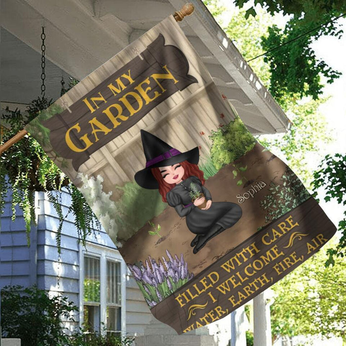 Custom Personalized Garden Witch Flag Sign - Gift Idea For Halloween/Wiccan Decor/Pagan Decor - In My Garden Filled With Care, I Welcome Water, Earth, Fire, Air