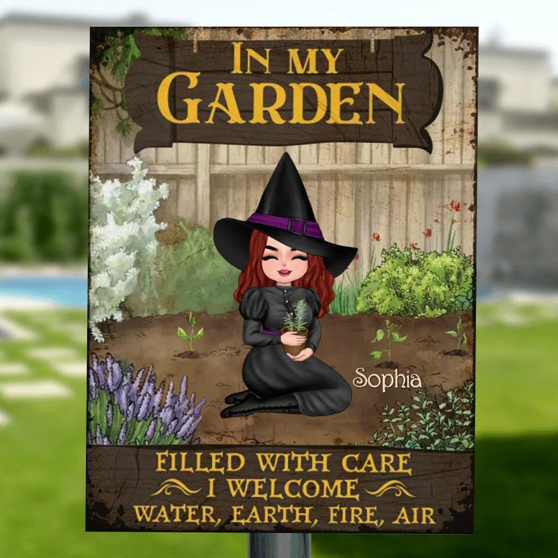 Personalized Garden Witch Metal Sign - Gift Idea For Halloween Day - In My Garden Filled With Care, I Welcome Water, Earth, Fire, Air