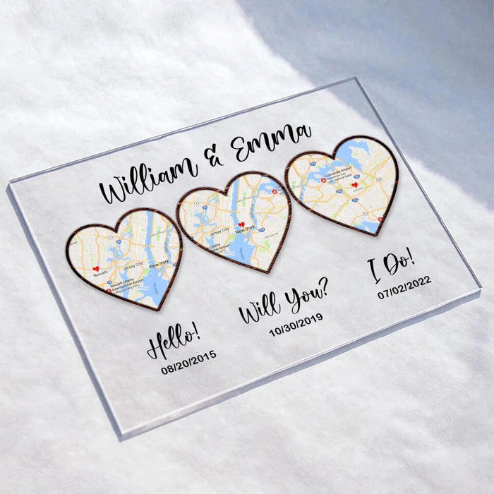 Personalized Map Anniversary Acrylic Plaque - Anniversary Gift Idea For Couple - Hello, Will You, I Do