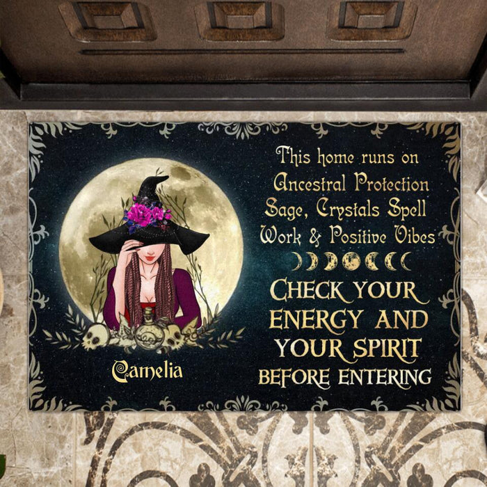 Custom Personalized Witch Doormat - Best Gift Idea For Halloween - This Home Runs On Ancestral Protection Sage