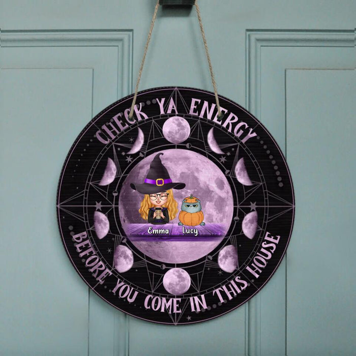 Custom Personalized Cat Witch Circle Wooden Sign - Gift Idea For Halloween/Home Decor -  Witch With Up To 6 Cats - Check Ya Energy Before You Come In This House