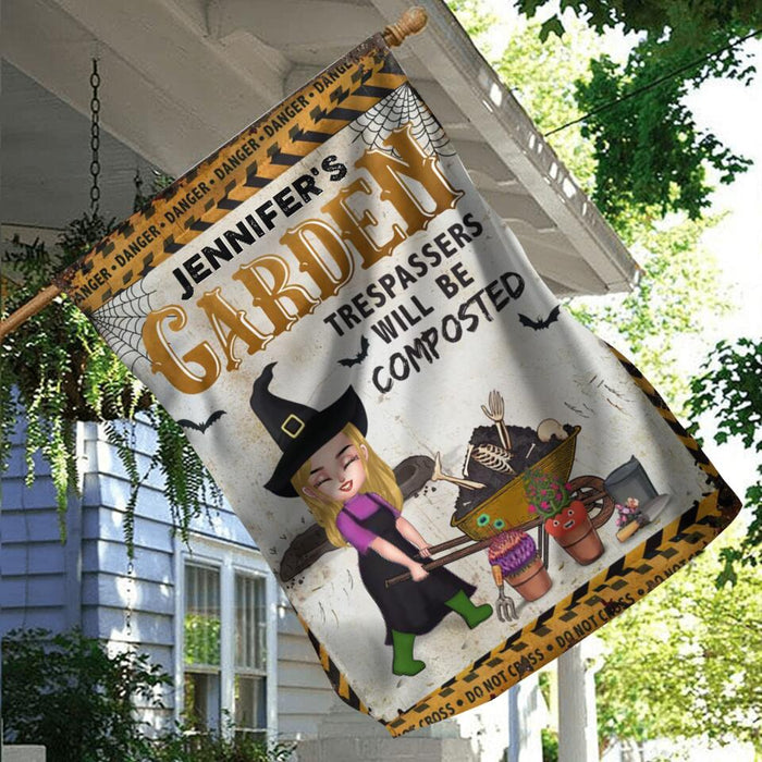 Custom Personalized Halloween Garden Girl Flag Sign - Gift Idea For Halloween/Garden Lovers - Jennifer's Garden Trespassers Will Be Composted