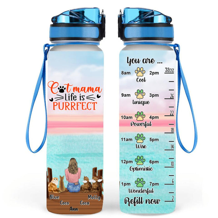 Custom Personalized Cat Mom Water Tracker Bottle - Gift Idea For Cat Lover with up to 4 Cats - Cat Mama Life Is Purrfect