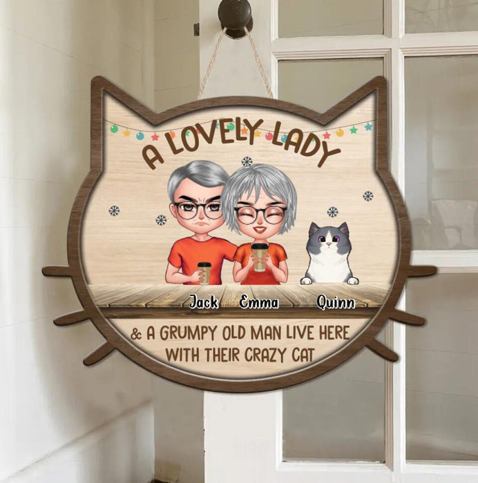 Custom Personalized Couple Wooden Sign - Upto 6 Cats - Gift Idea For Couple/Cat Lovers - A Lovely Lady & A Grumpy Old Man Live Here With Their Crazy Cat