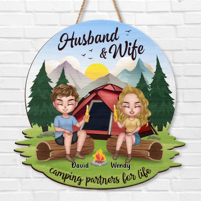 Custom Personalized Camping Couple Wooden Sign - Gift Idea For Camping Lover/ Couple/ Christmas - Husband and Wife Camping Partners For Life