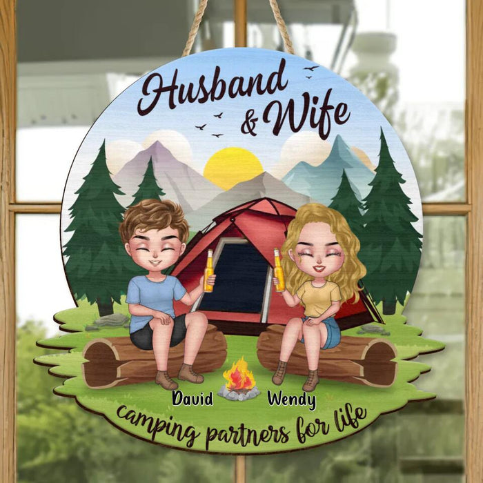 Custom Personalized Camping Couple Wooden Sign - Gift Idea For Camping Lover/ Couple/ Christmas - Husband and Wife Camping Partners For Life